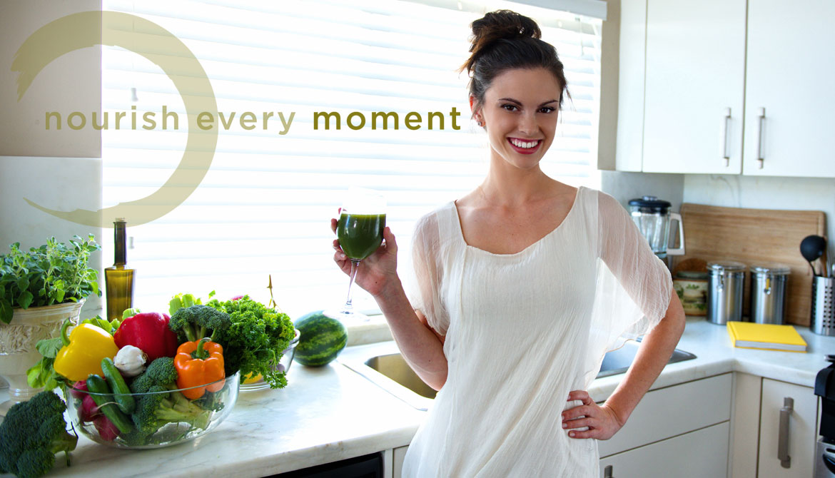 Nourish every moment — Victoria with fresh vegetables and green juice.